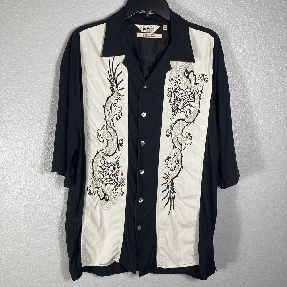 Da Vinci California Charlie Sheen Shirt Men 2XL Silk Embroidered Dragons Bowling